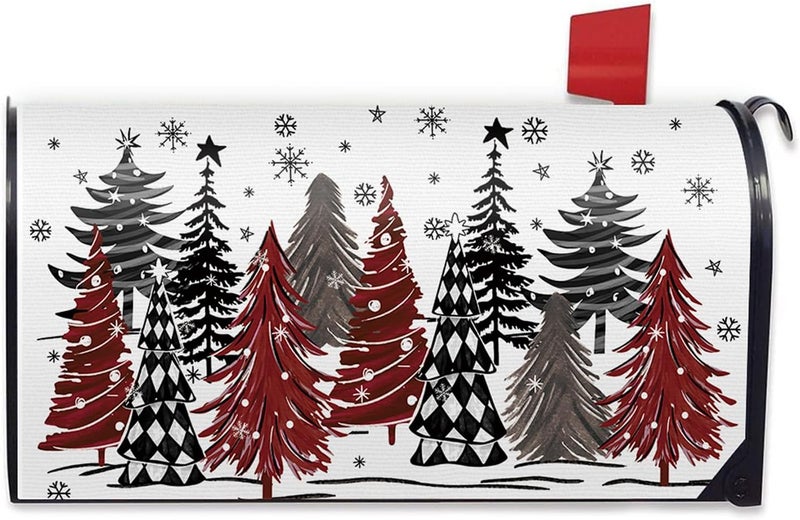 FBCOO Christmas Tree Mailbox Cover Magnetic Standard Size 20.5" x 18", Xmas Buffalo Plaid Snowflake Decorative Post Letter Box Wrap Decor, Winter Holiday Farmhouse Garden Yard Outdoor Decoration - Image 1